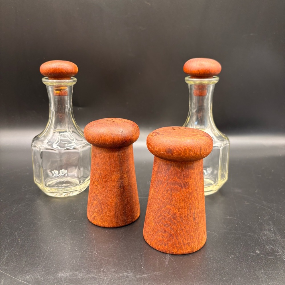 Vintage Goodwood Thailand Salt & Pepper Shakers Cruet Set Teak Wood Set of 4